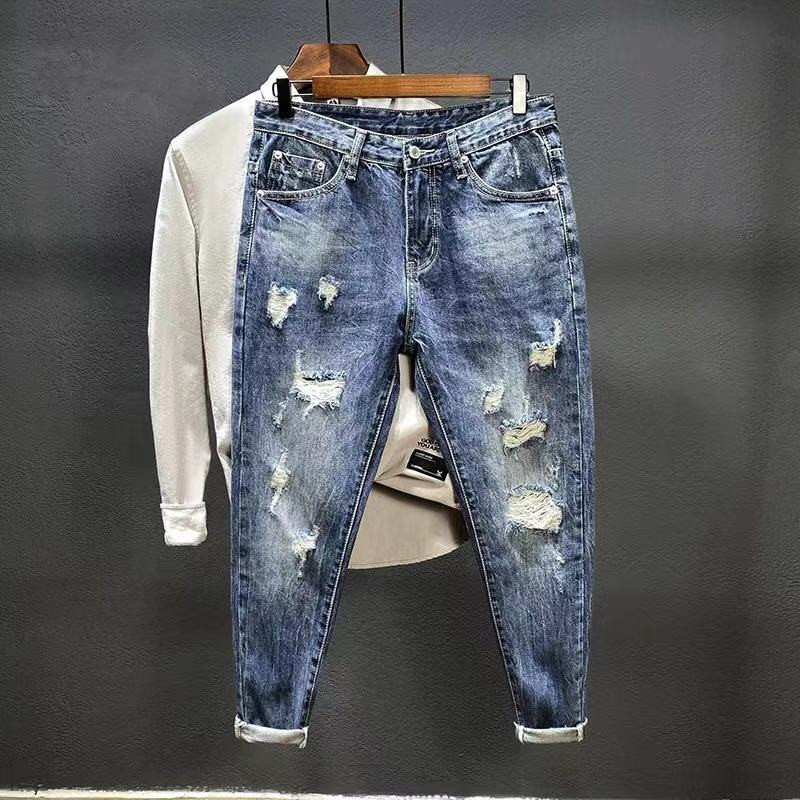 Men'S Shoes With Jeans - Nine-point jeans with holes for men's
